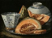 Cristoforo Munari A Still-Life with Melon, an octagonal blue and white cup on a Silver Charger china oil painting artist